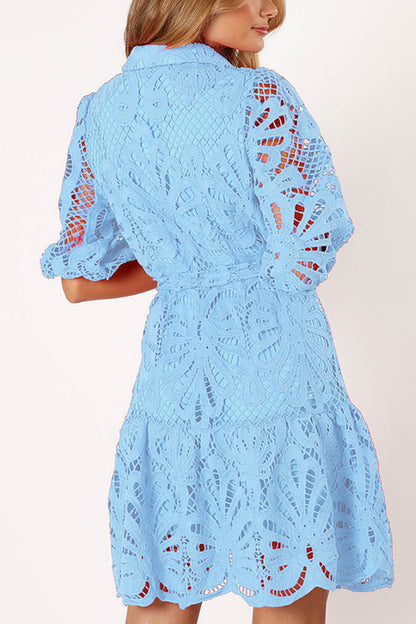 LM | Solid color lace neckline balloon sleeves and waist tie mini dress