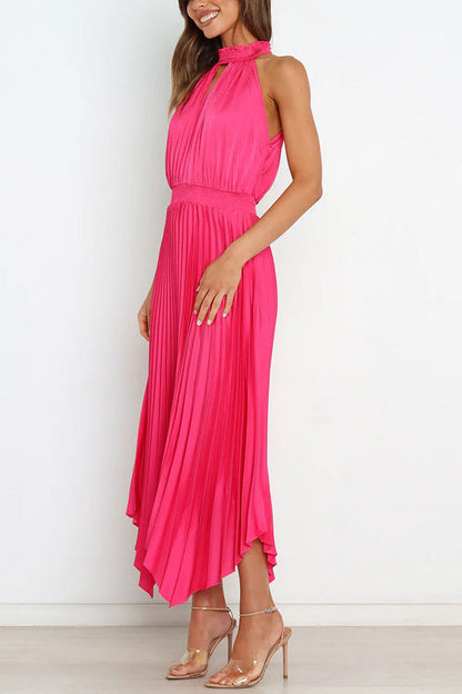 LM | Luxe Look Satin Pleated Halter Elastic Waist Midi Dress