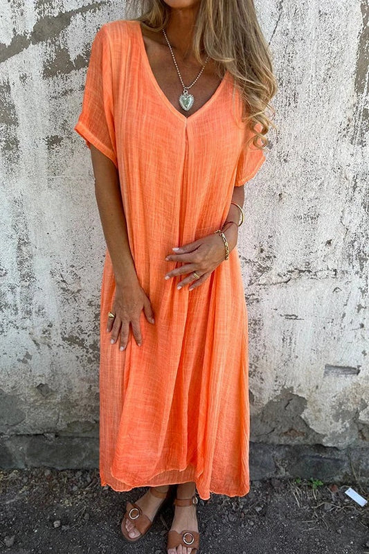 LM | Bayside Bliss linen blend short sleeve pleated loose midi dress