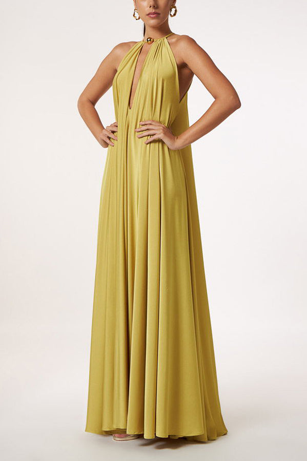 LM | Greek Goddess Unmistakable Golden Halter Neck A-line Maxi Dress