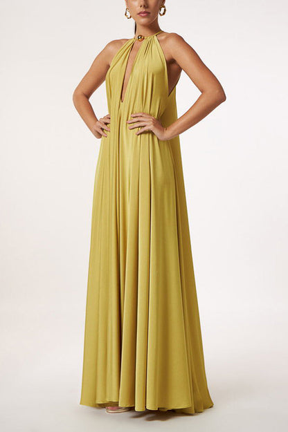 LM | Greek Goddess Unmistakable Golden Halter Neck A-line Maxi Dress