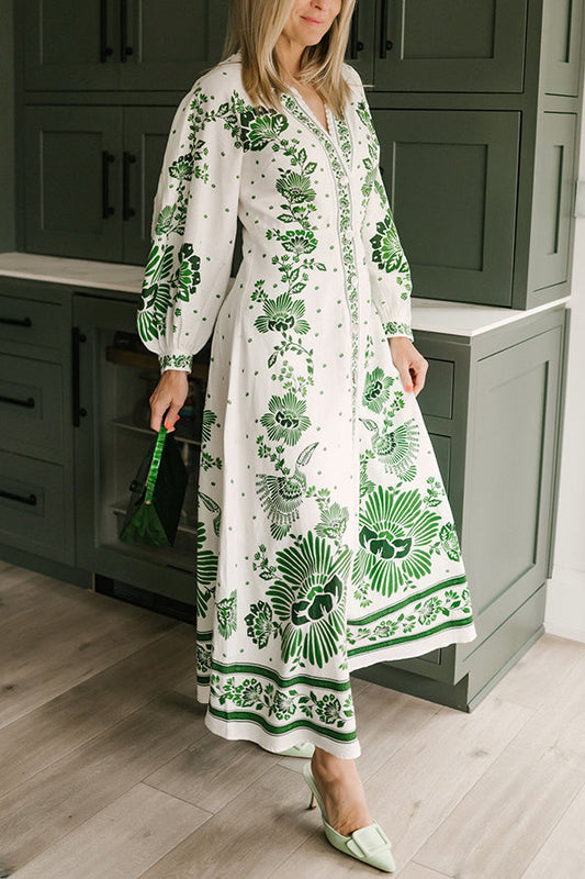LM | Unique print button down long sleeve shirt maxi dress