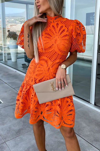 LM | Ever So Sweet Crochet Lace Puff Sleeve Mini Dress