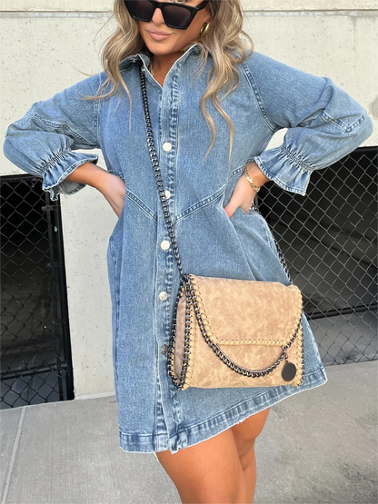 LM | Chic turn-down collar denim midi dress