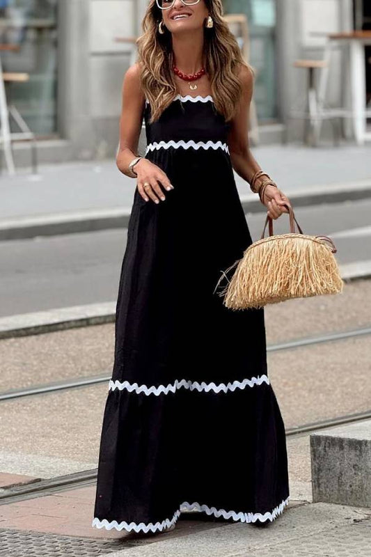 LM | Bayside Beauty Wave Trim Patchwork Back Smocked Suspender Maxi Dress