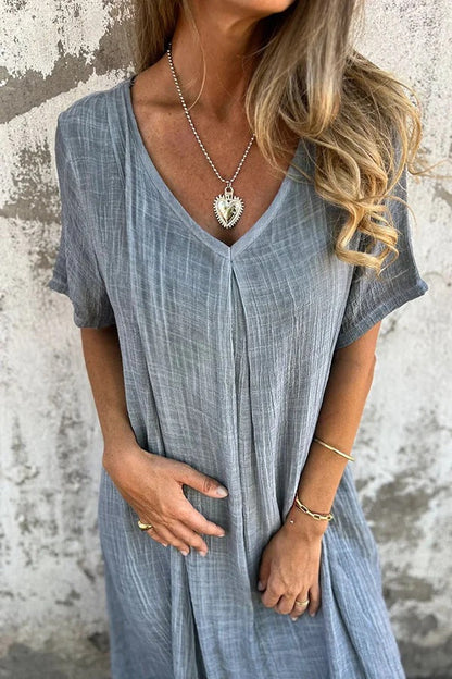 LM | Bayside Bliss linen blend short sleeve pleated loose midi dress