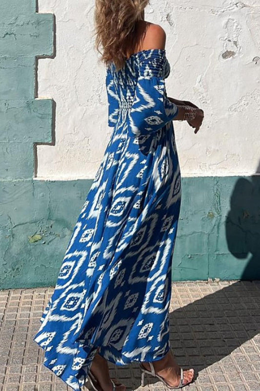 LM | Close To The Vacation Ethnic Print Smocked Off Shoulder Pocketed Maxi Dress