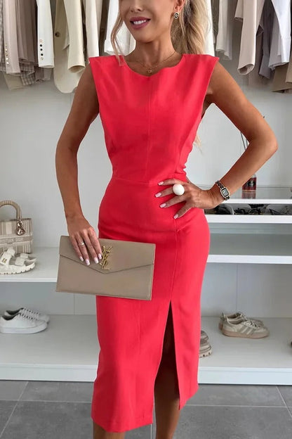 LM | Solid color Round neckline Sleeveless Slim fit midi dress with slit