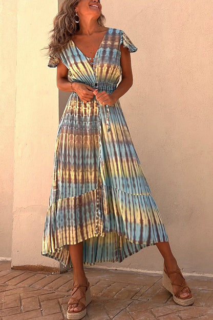 LM | Lorina Tie-dye Print Button Smocked Waist Backless Midi Dress