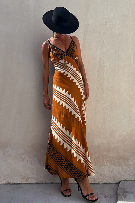 LM | Always Falling Satin Ethnic Print Smocked Back Midi Dress