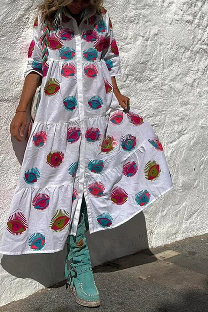 LM | Take Me To Cabo Ethnic Unique Print Button Loose Shirt Midi Dress