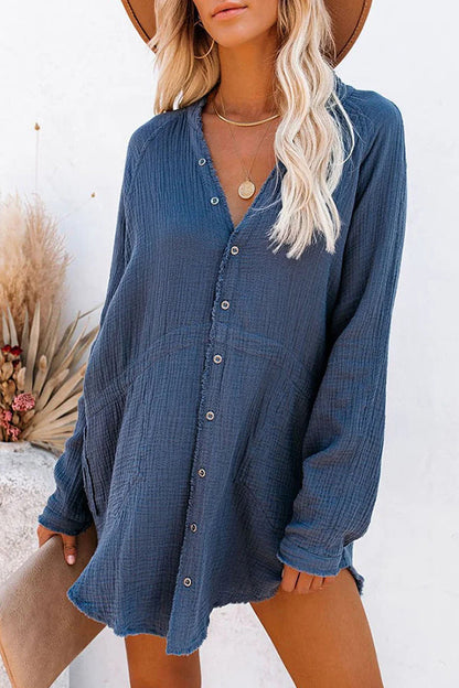 LM | Loose Mid-length Jacket Casual Solid Color Shirt Mini Dress