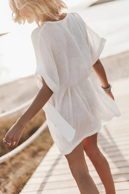 LM | cotton-linen blend pocket belt kimono mini dress