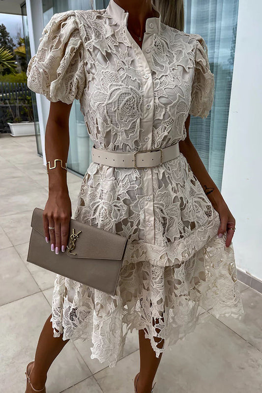 LM | Absolutely Elegant Floral Crochet Lace Puff Sleeve Belted Shirt Midi Dress