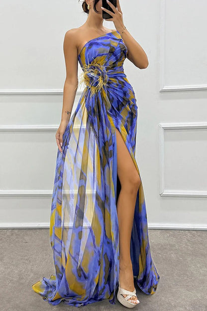 LM | Amazing Views Watercolor Print Feather Rose Detail Off Shoulder Pleated Slit Maxi Dress
