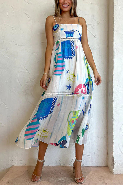 LM | She's The Fun Linen Blend Playful Print Ladder Trim Midi Dress