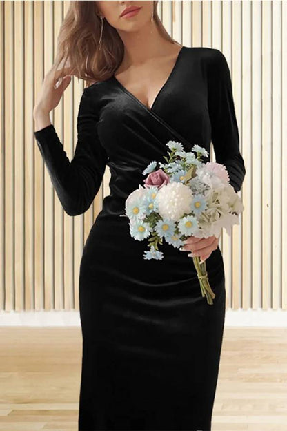 LM | Solid Velvet Long Sleeve V-Neck Slim Fit Fishtail Maxi Dress