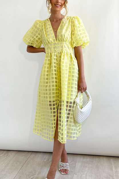 LM | Remarkable Beauty Square Patterned Fabric Puff Sleeve Party Midi Dress
