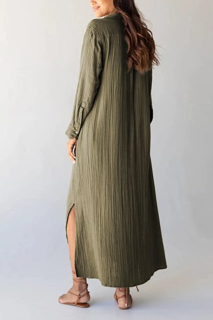 LM | Green Creased, side-slit, loose maxi dress