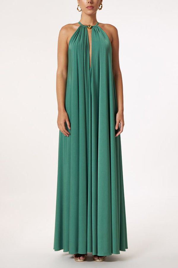 LM | Greek Goddess Unmistakable Golden Halter Neck A-line Maxi Dress