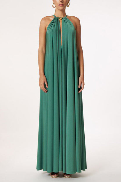 LM | Greek Goddess Unmistakable Golden Halter Neck A-line Maxi Dress