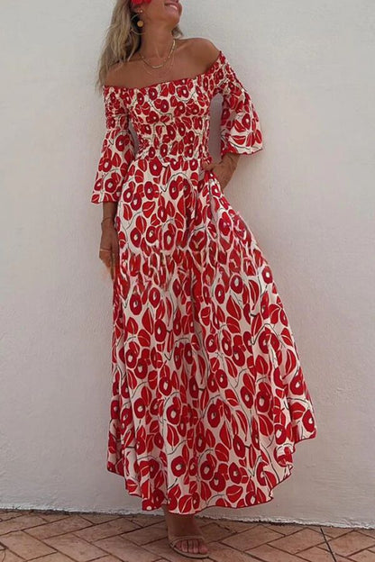 LM | Close To The Vacation Floral Print Smocked Off Shoulder Pocketed Maxi Dress