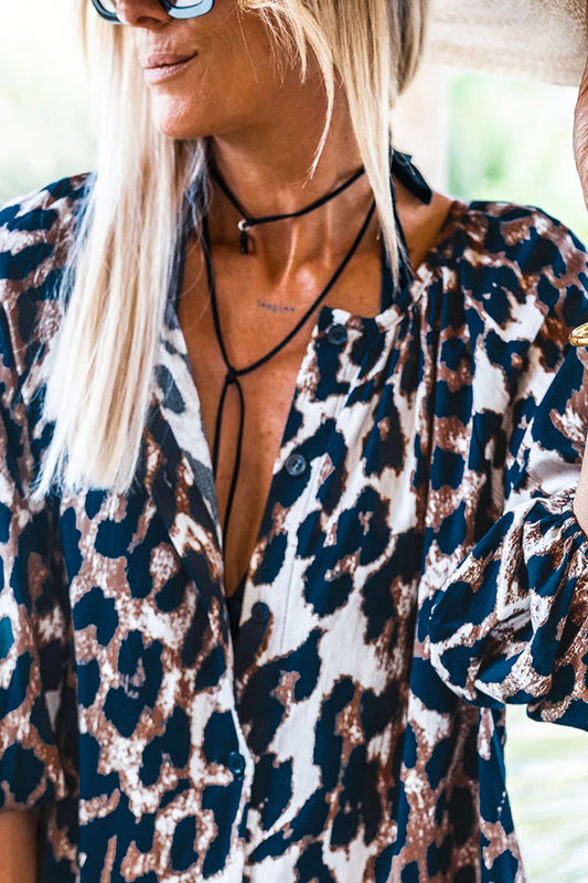 LM | Black Leopard Lantern Sleeve Button Up Mini Dress