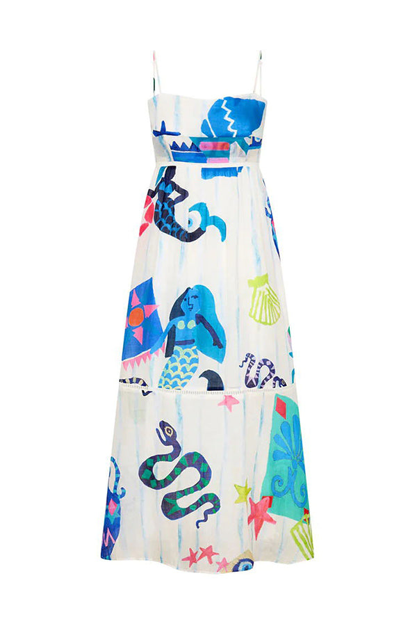 LM | She's The Fun Linen Blend Playful Print Ladder Trim Midi Dress
