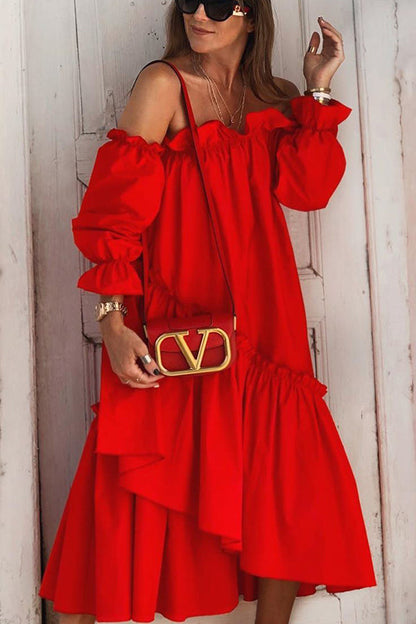 LM | Fionna Off Shoulder Ruffle Irregular Trim Loose Midi Dress