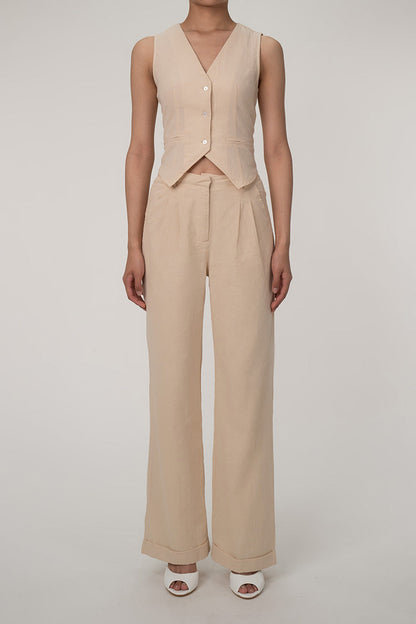 LM | Casual V-neck button front vest wide leg two-piece cotton pleated pants set