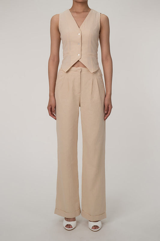 LM | Casual V-neck button front vest wide leg two-piece cotton pleated pants set