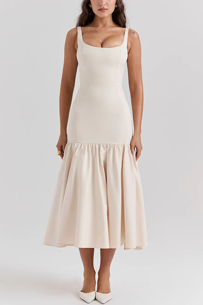 LM | Graceful Silhouette Square Neckline Wide Strap Drop Waist Midi Dress