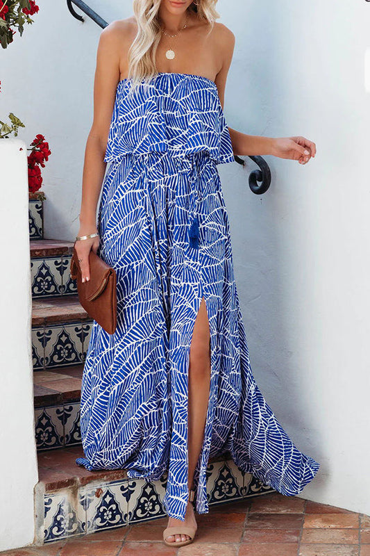 LM | Summer Picnic Printed Elastic Waist Strapless Tie Maxi Dress
