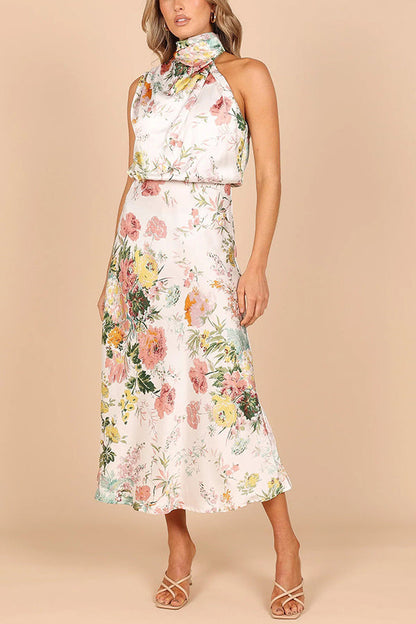 LM | Wine Country Dates Floral Halter Neck Elastic Waist Maxi Dress