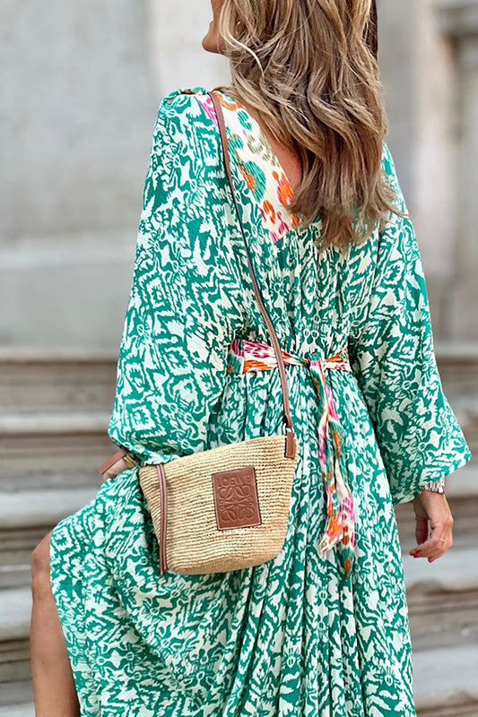 LM | Ledell Green maxi dress with V-neck and totem print