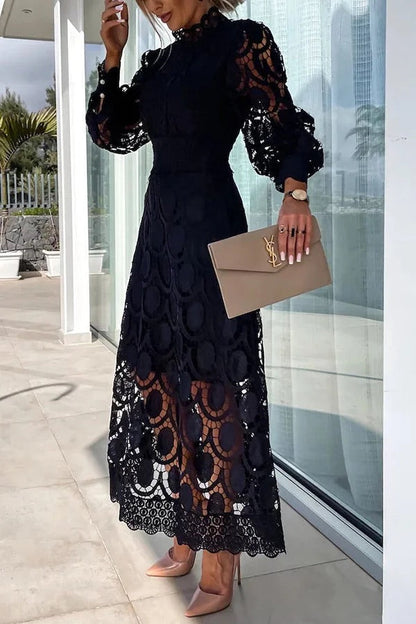 LM | Romantic, Sensual and Elegant Crochet Lace Lantern Sleeve Party Midi Dress