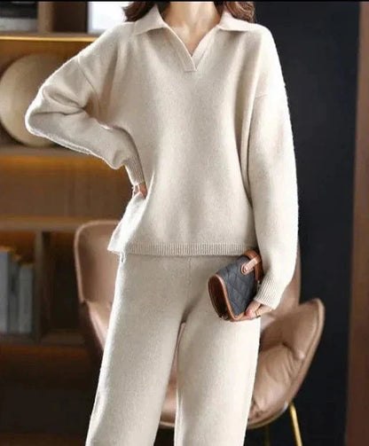 LM | 2 Piece Set Ladies Oversized Tracksuit Polo Collar Sweater and Pants