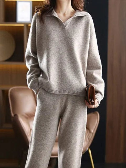 LM | 2 Piece Set Ladies Oversized Tracksuit Polo Collar Sweater and Pants