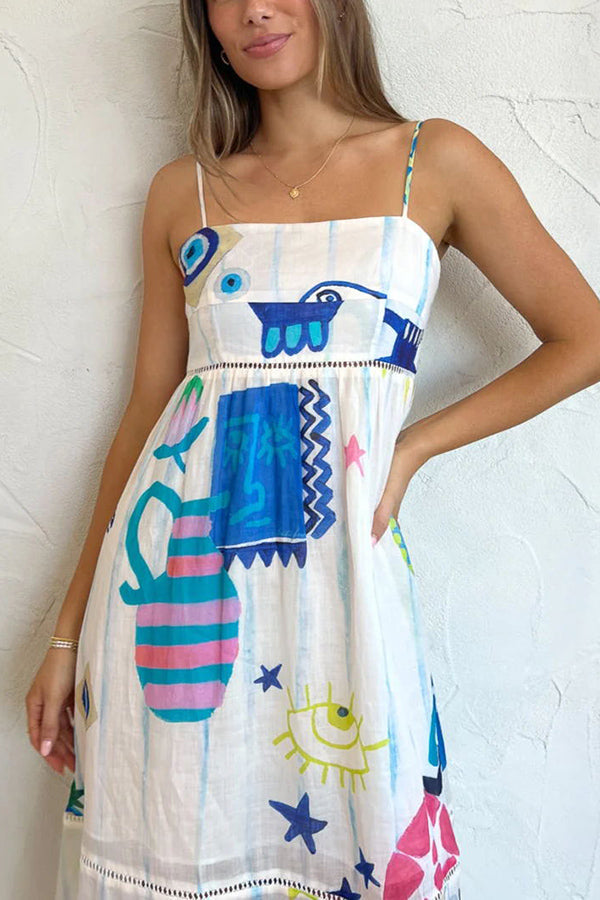 LM | She's The Fun Linen Blend Playful Print Ladder Trim Midi Dress
