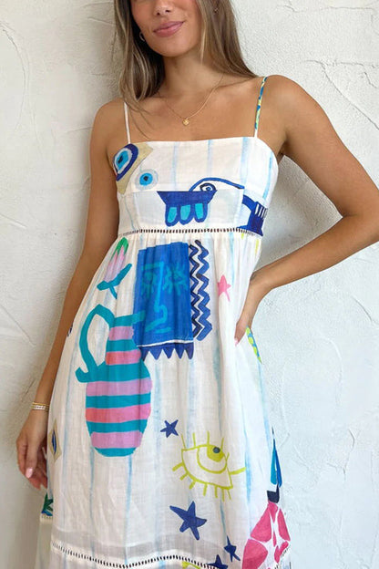 LM | She's The Fun Linen Blend Playful Print Ladder Trim Midi Dress