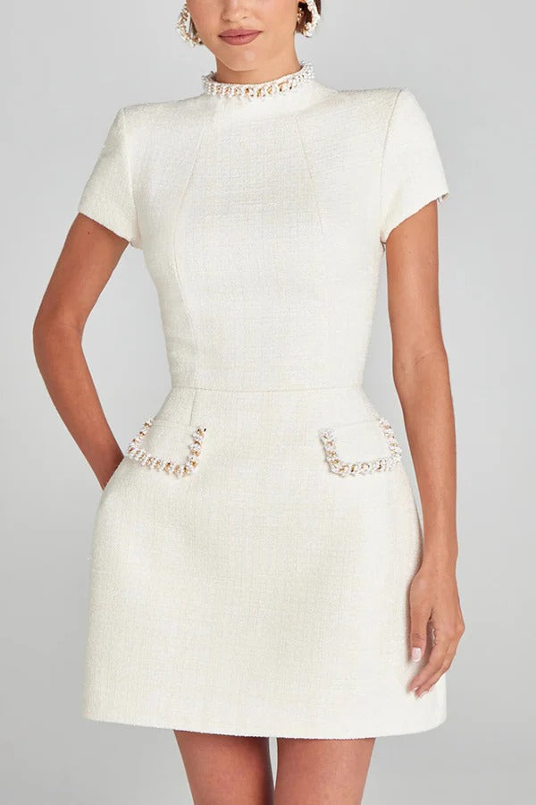 LM | Exquisite and playful tweed fabric beaded short sleeve pocketed mini dress