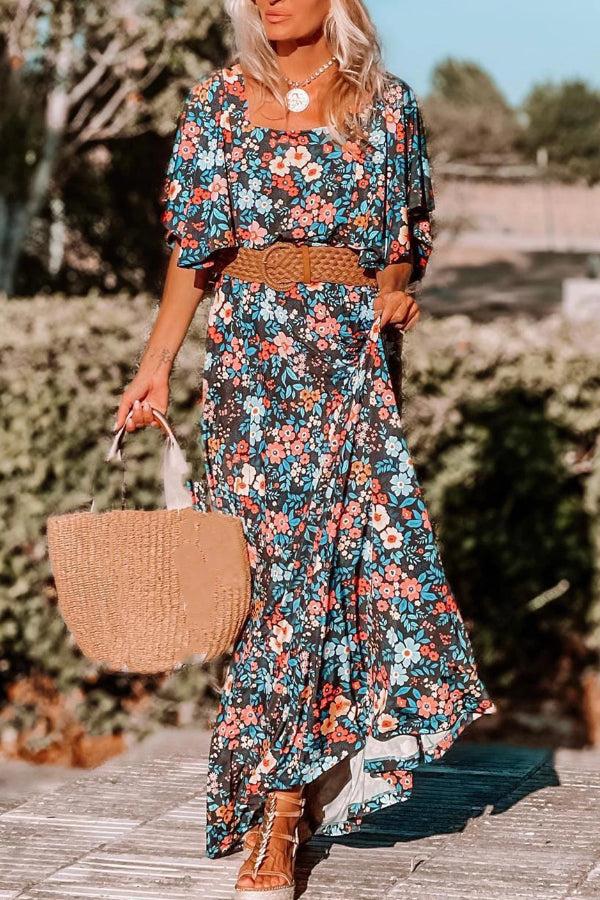 LM | Sky Blue Boho Floral Print Knotted Backless Maxi Dress