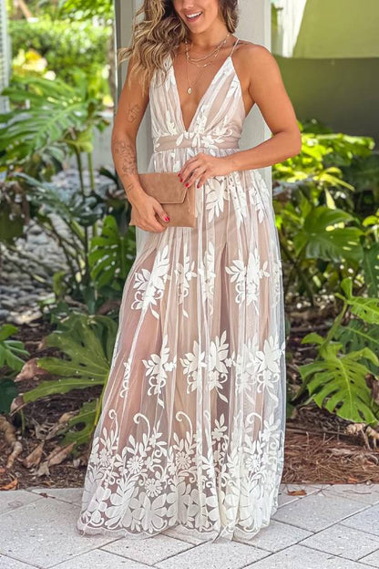 LM | White and Beige Cross Back Floral Tulle Maxi Dress