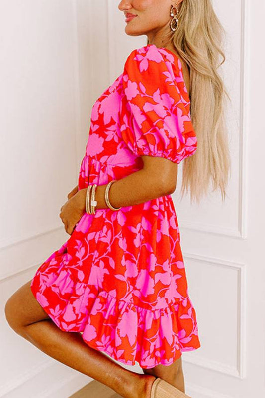 LM | Red Floral Bubble Sleeve Sweetheart Neck Ruffled Mini Dress