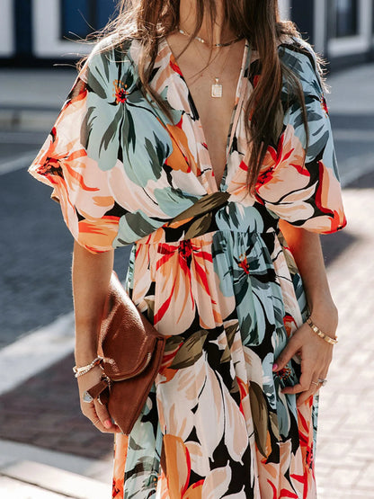 LM | Floral Wrap V-Neck Maxi Dress