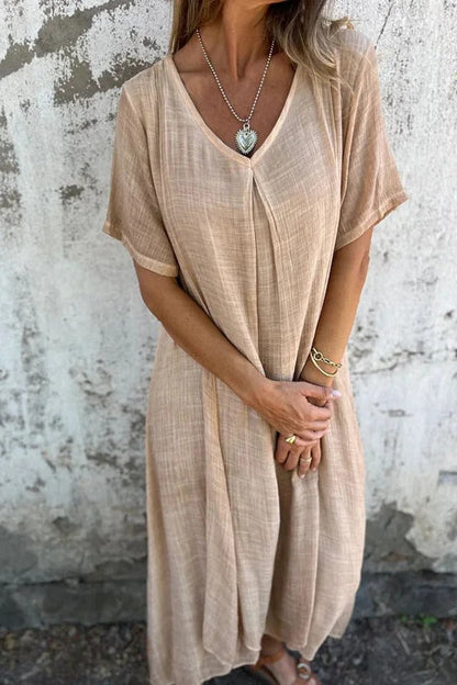 LM | Bayside Bliss linen blend short sleeve pleated loose midi dress