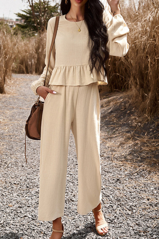 LM | Temperament leisure suit monochrome long-sleeved top loose pants