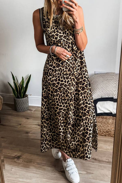 LM | Black contrast striped leopard print sleeveless midi dress