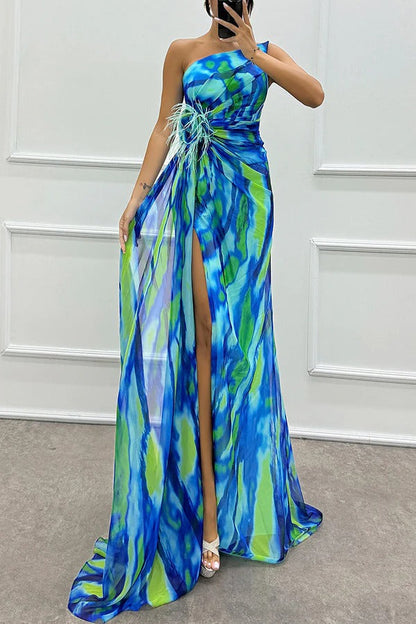 LM | Amazing Views Watercolor Print Feather Rose Detail Off Shoulder Pleated Slit Maxi Dress
