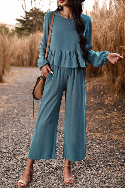 LM | Temperament leisure suit monochrome long-sleeved top loose pants